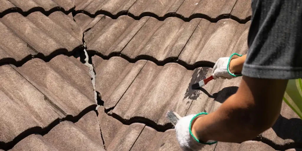 Process of Roof Tile Painting - a painter just starting to paint roof tiles